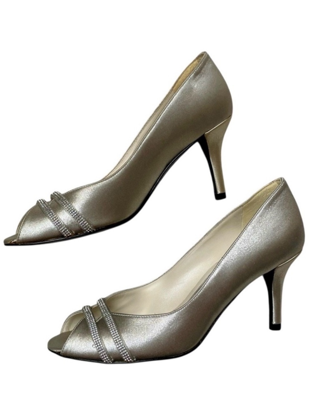 Stuart Weitzman Glohotwire Rhinestone Peep Toe Satin Heels Silver Size 6